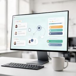 CRM-contactoverzicht op een monitor in een advieskantoor
